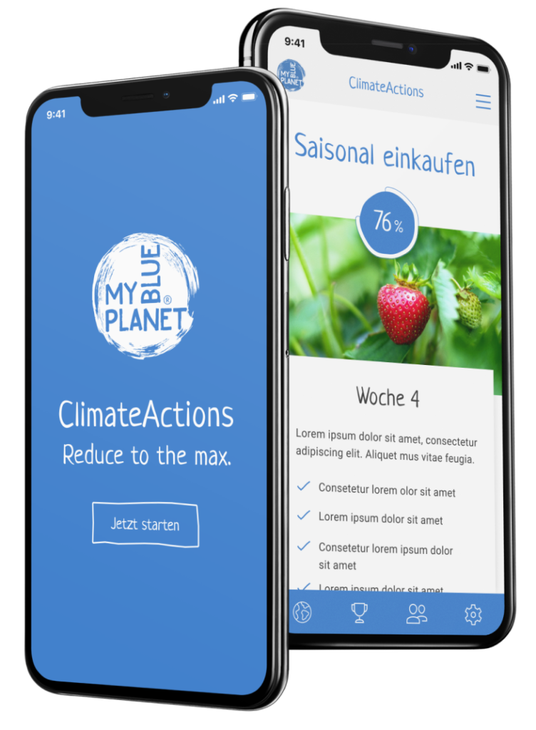 zwei Handys App ClimateActions blau Erdbeere einkaufen ohne Hintergrund