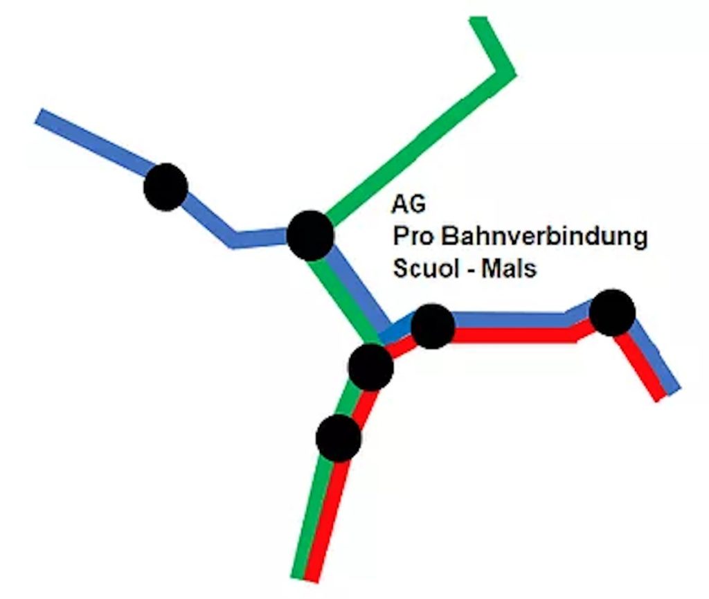 Logo AG pro Bahnverbindung Scuol-Mals verbindungen rot blau grün