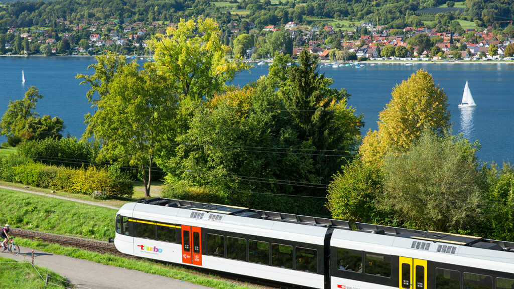 Thurbo Zug See Landschaft Bäume grün