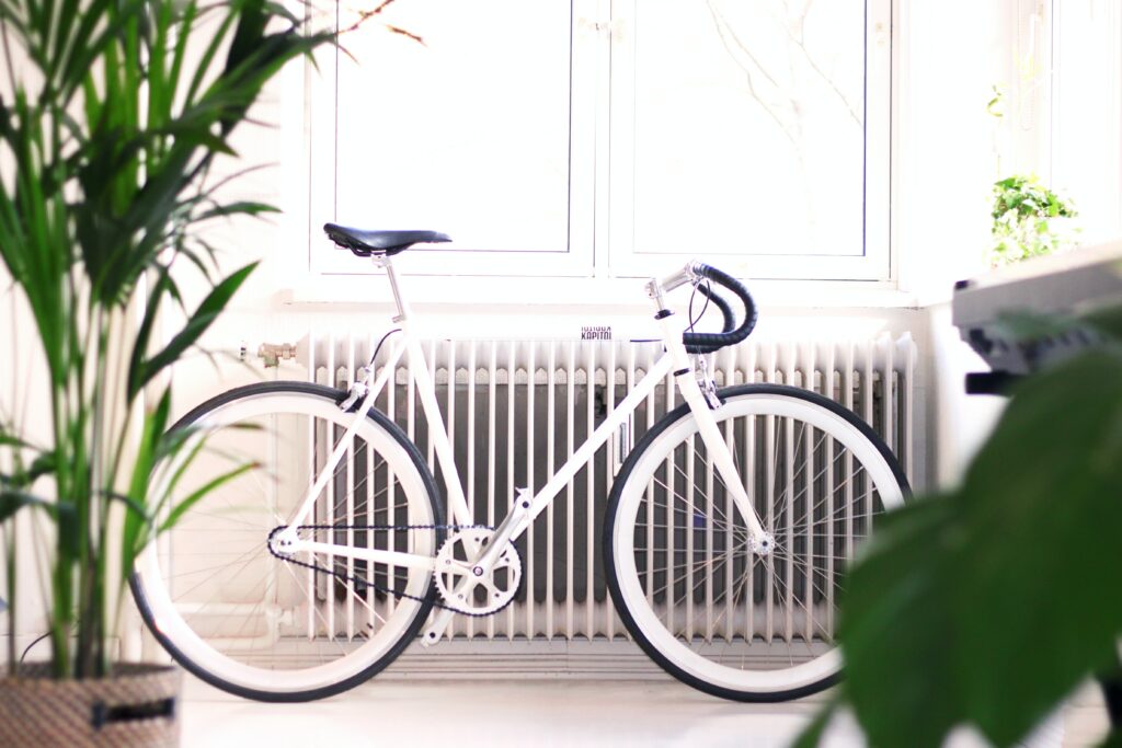 Fahrrad Vélo gegen Radiator Heizkörper Zimmer Zuhause Pflanzen weiss hell